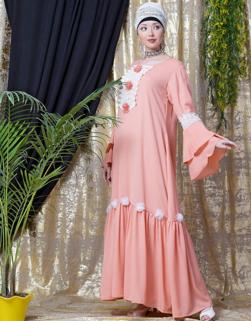 Dubai Bell Sleeve flowers around knee party Abaya Peach